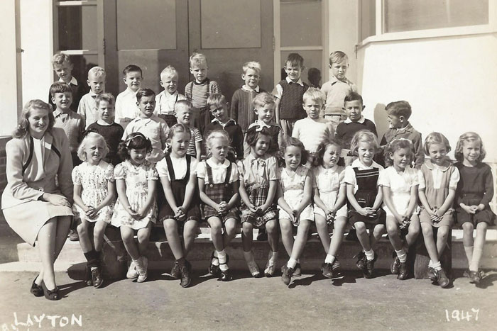 Teacher and grade 1 students at Sea Island School 1947-48