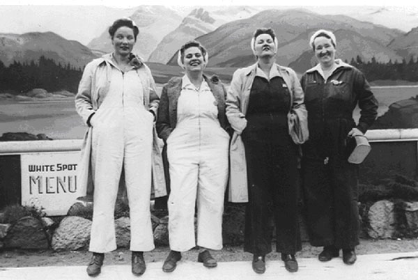 Isabel Beveridge (blind woman on left) and 3 Rosie Riveters in front of the Boeing plant.